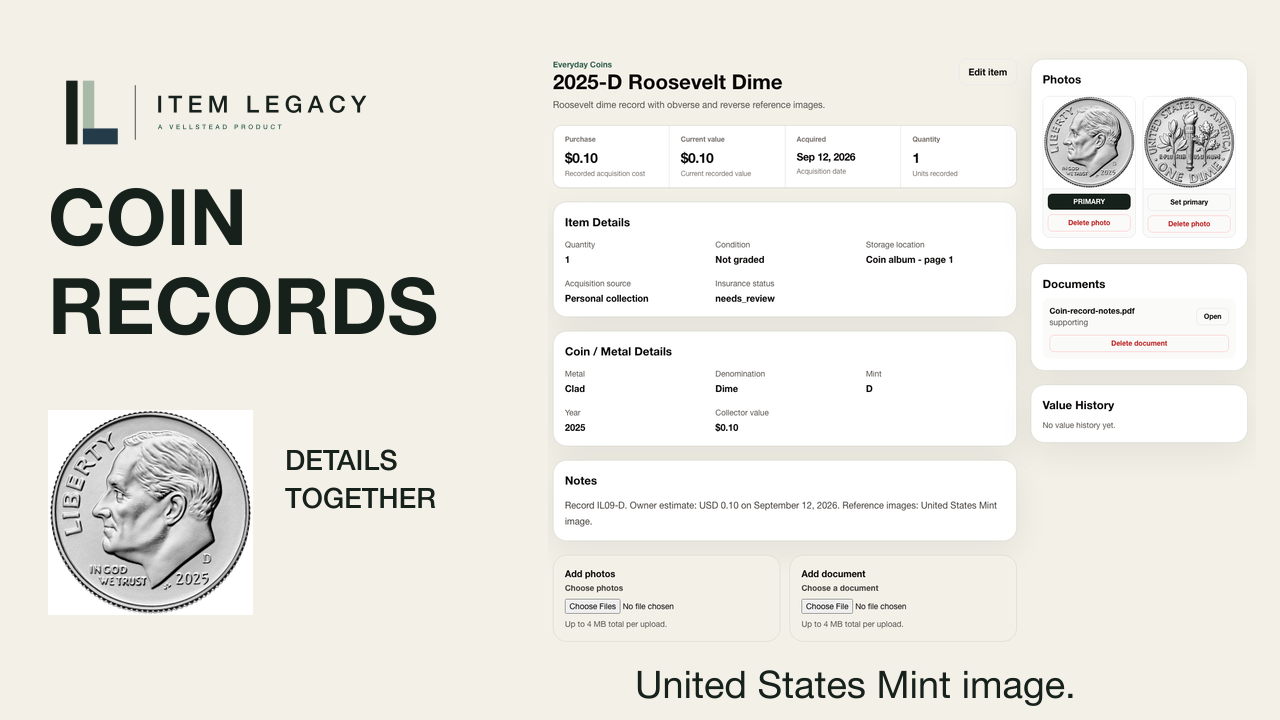 Item Legacy coin record with a 2025-D dime reference image and recorded identifying details.