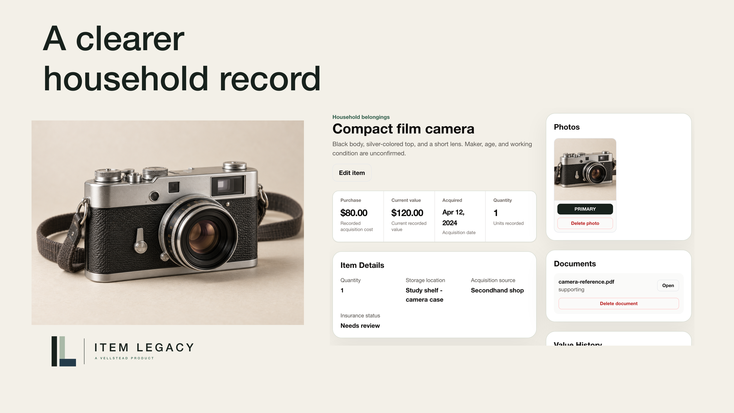 Item Legacy camera record with a camera photograph and a headline about clearer household records.