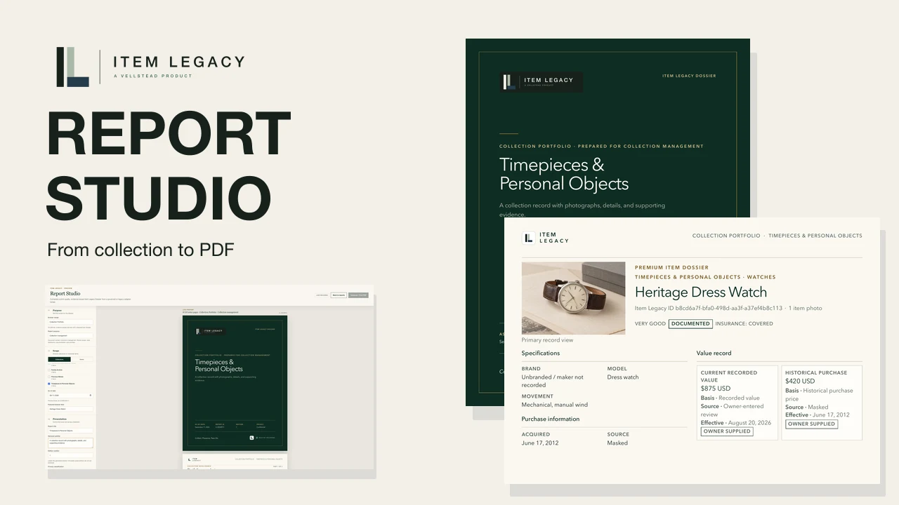 Report Studio with a Collection Portfolio cover and a photographed watch detail page.