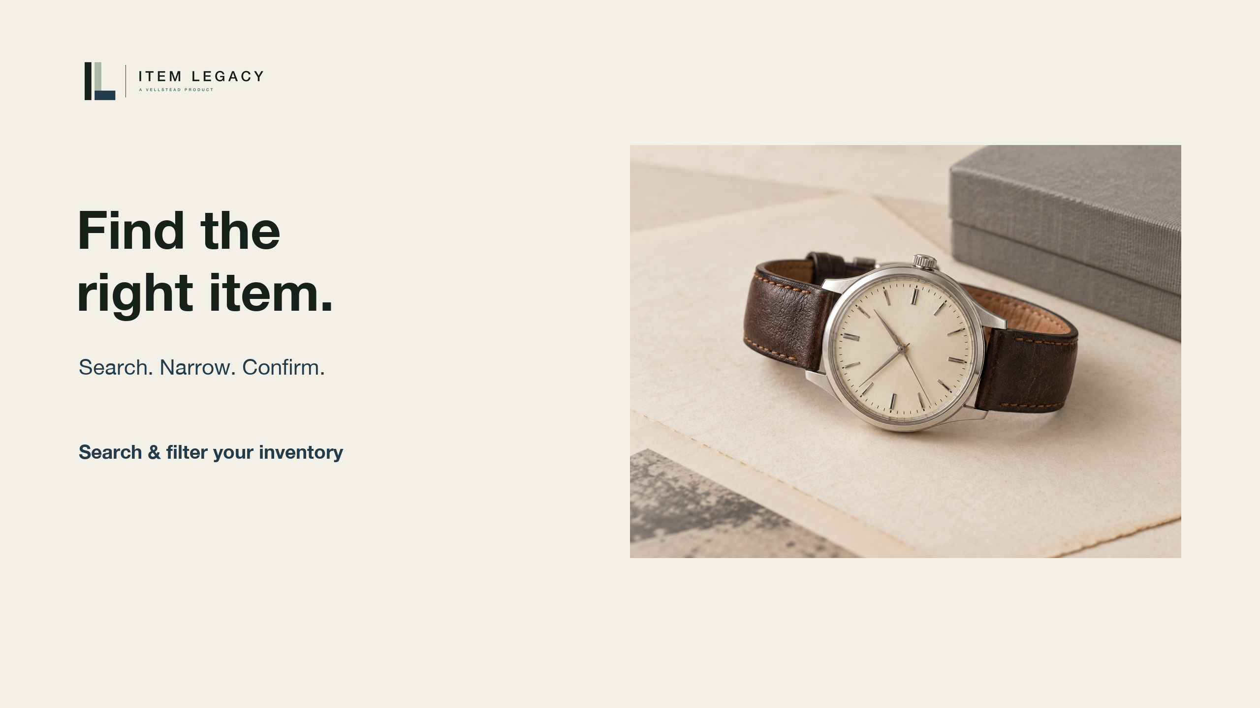 A dress watch and presentation box beside the Item Legacy logo and the words “Find the right item.”