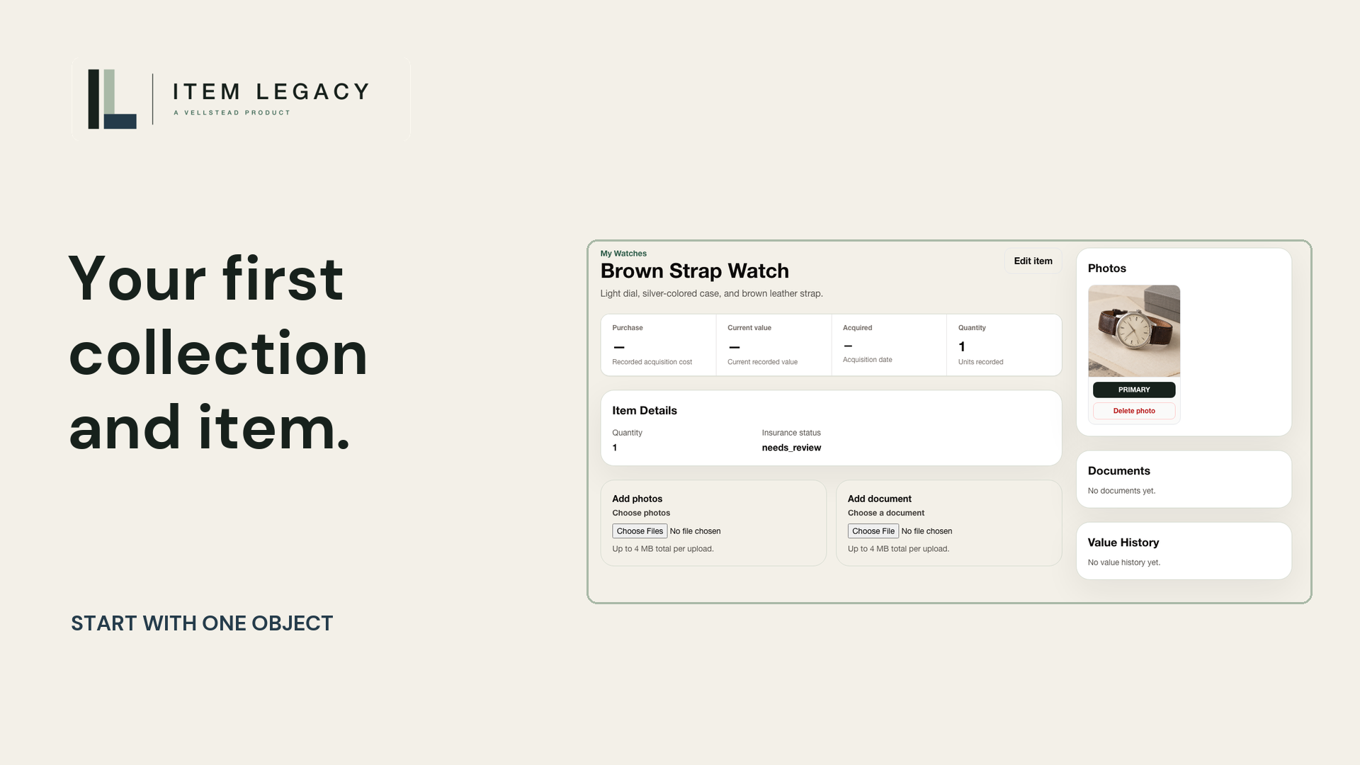 Your first collection and item: a photographed Brown Strap Watch record in Item Legacy.